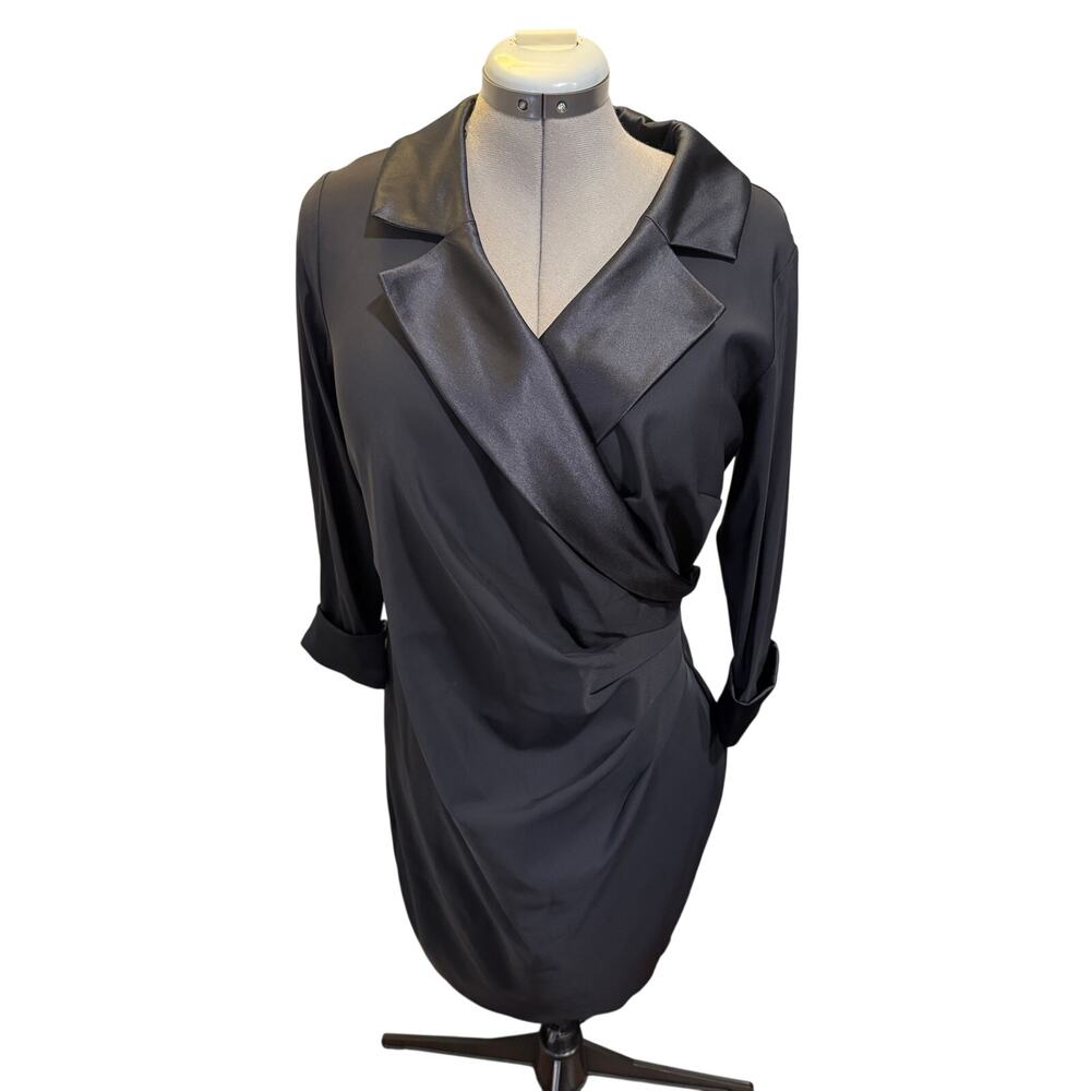 Alex Evenings 14W Black Tuxedo Dress Satin Lapel Ruched Cocktail Evening Dress